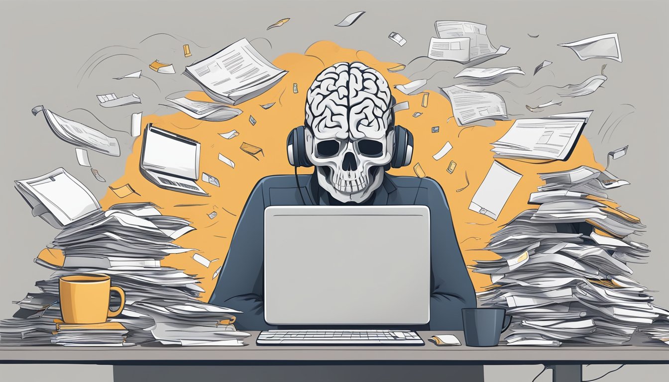 A cluttered desk with piles of papers, overflowing inbox, and multiple
open tabs on a computer screen. Overwhelmed brain symbolized by smoke
coming out of the
head
