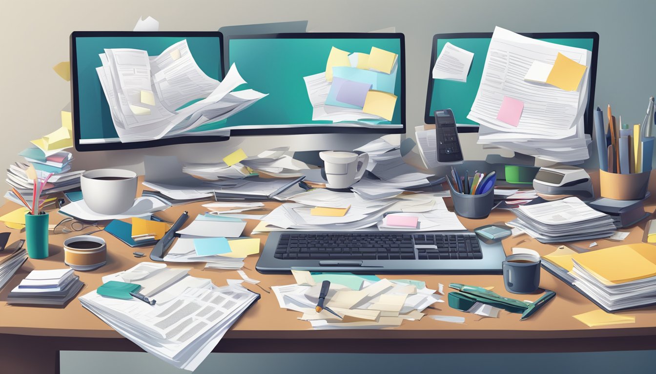 A cluttered desk with overflowing papers, multiple open tabs on a
computer screen, and a chaotic jumble of scattered office
supplies