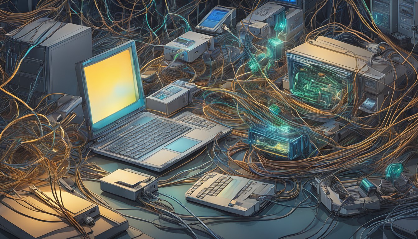 A chaotic tangle of wires and cables surrounds a glowing digital
device, emitting a blinding stream of information. The scene is filled
with a sense of overwhelm and disarray, symbolizing the cognitive
burnout caused by digital disruptions and information
overload