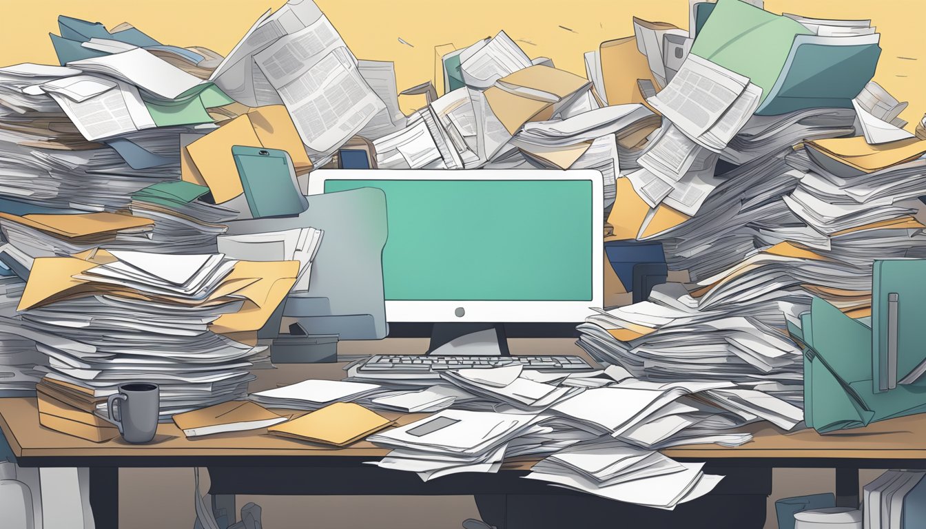 A cluttered desk with piles of papers, overflowing folders, and
multiple open tabs on a computer screen. The chaotic scene conveys the
concept of information overload and cognitive
burnout