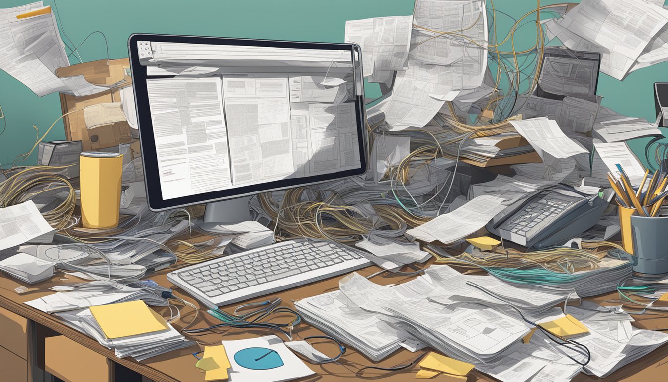 A cluttered desk with multiple screens displaying various
notifications, a pile of papers, and a tangled mess of cords,
symbolizing information
overload