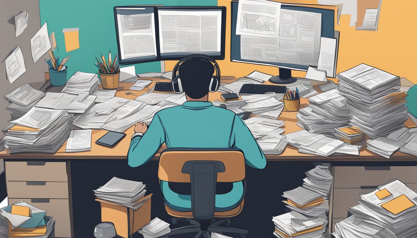 A cluttered desk with overflowing papers, multiple screens displaying
information, and a person looking
overwhelmed