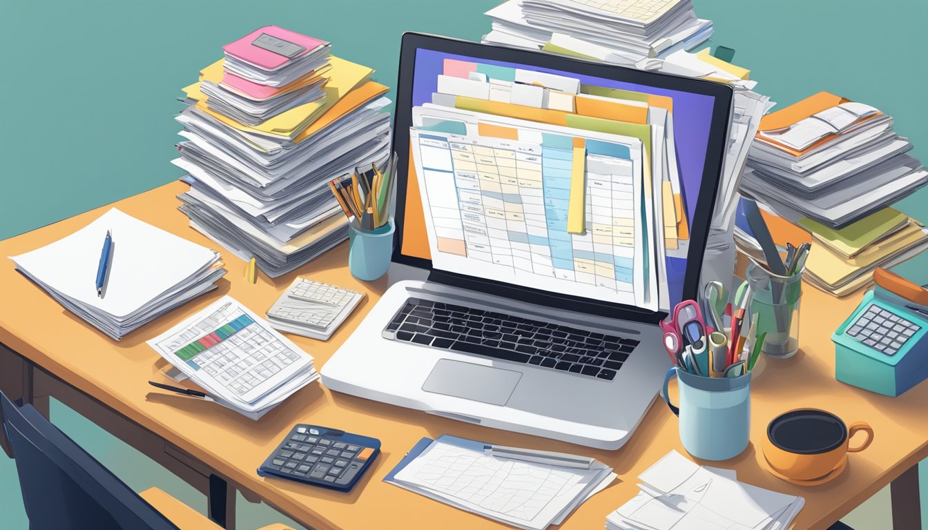 A cluttered desk with stacks of papers and overflowing folders, a
computer screen displaying multiple open tabs and a busy calendar filled
with appointments and
reminders