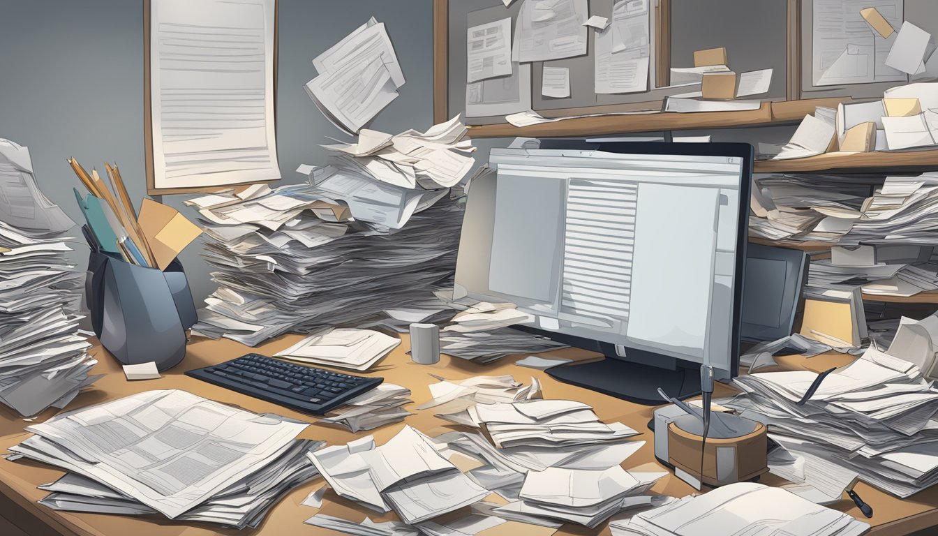A cluttered desk with overflowing papers, multiple open tabs on a
computer screen, and a stressed expression on a faceless
figure