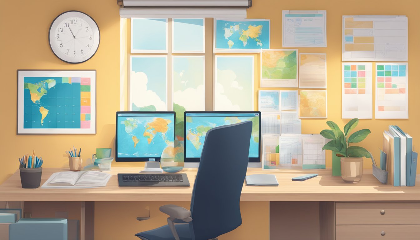 A desk with a laptop, language textbooks, and a calendar showing 6
months. The room is bright and inviting, with a world map on the
wall