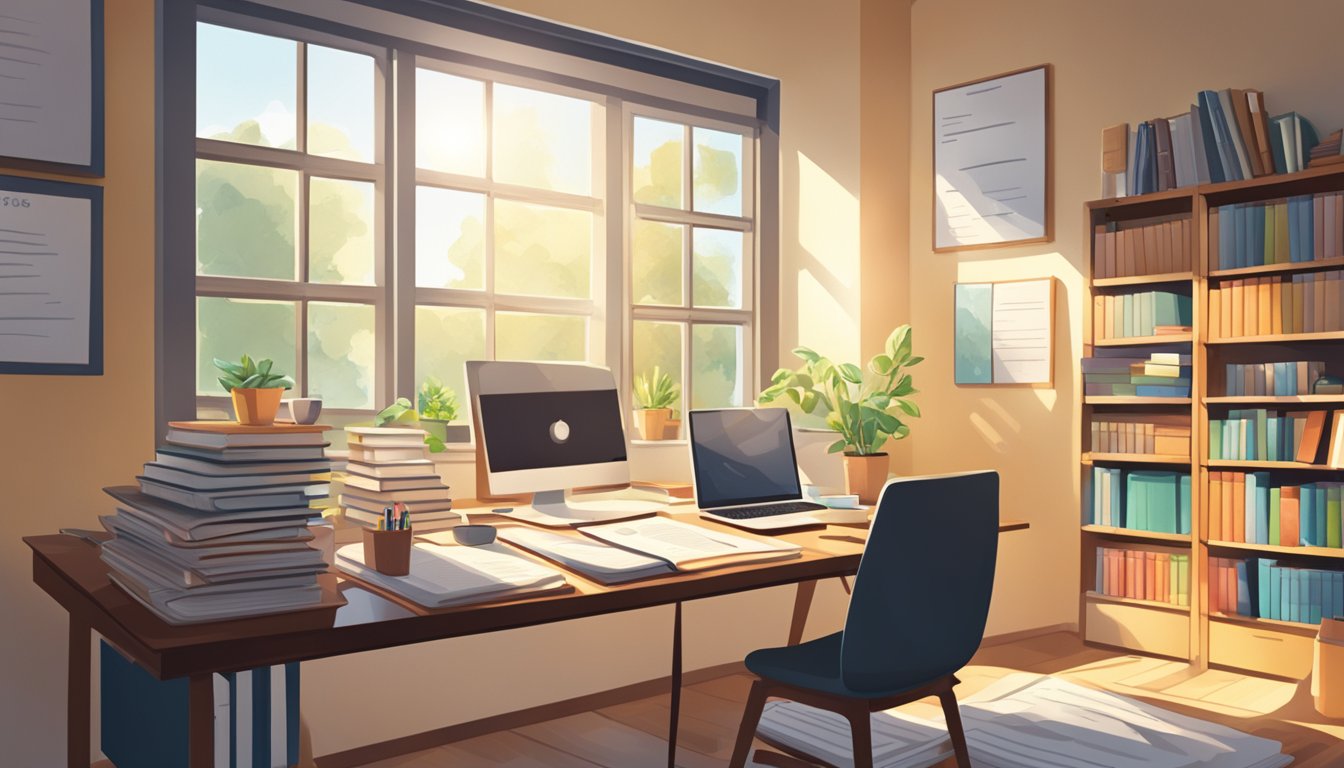 A cluttered desk with language textbooks, a laptop, and a calendar.
Sunlight streams through the window onto the organized study
space