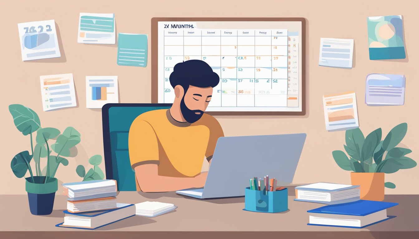 A person sits at a desk with a laptop and language books. A calendar
on the wall shows six months. Online language learning resources are
scattered
around