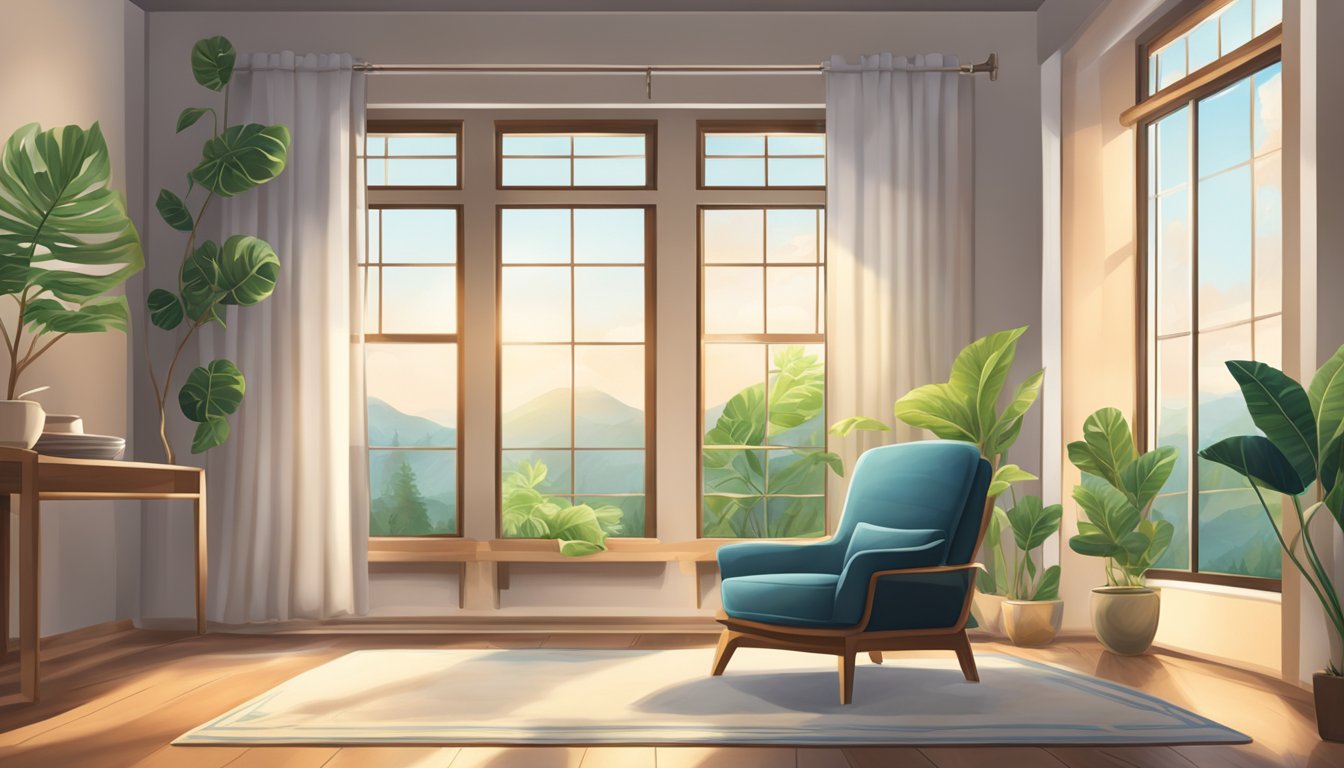 A serene setting with soft natural light, a comfortable cushion or
chair, and a peaceful atmosphere. Include elements of nature like plants
or a window with a
view