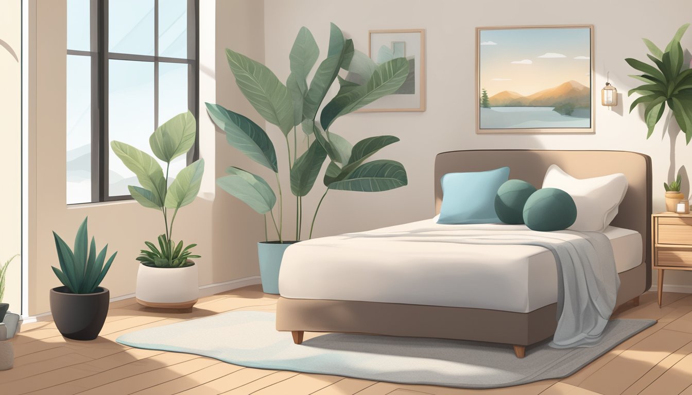 A serene, clutter-free space with a comfortable cushion on the floor,
soft natural lighting, and a peaceful atmosphere. A timer set for 10
minutes, a calming essential oil diffuser, and a small plant to bring
tranquility to the
scene