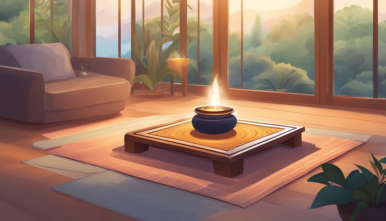 A serene setting with a cushioned mat, a small incense burner, and
soft lighting. A timer set for 10 minutes and a peaceful atmosphere for
meditation