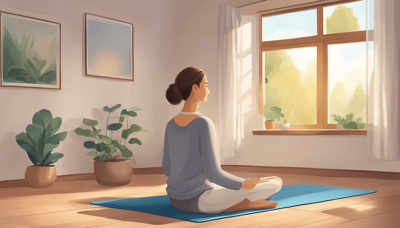 A serene setting with a cushioned mat, soft lighting, and a peaceful
atmosphere. A timer set for 10 minutes, with a focused and calm
individual seated in a meditative
posture
