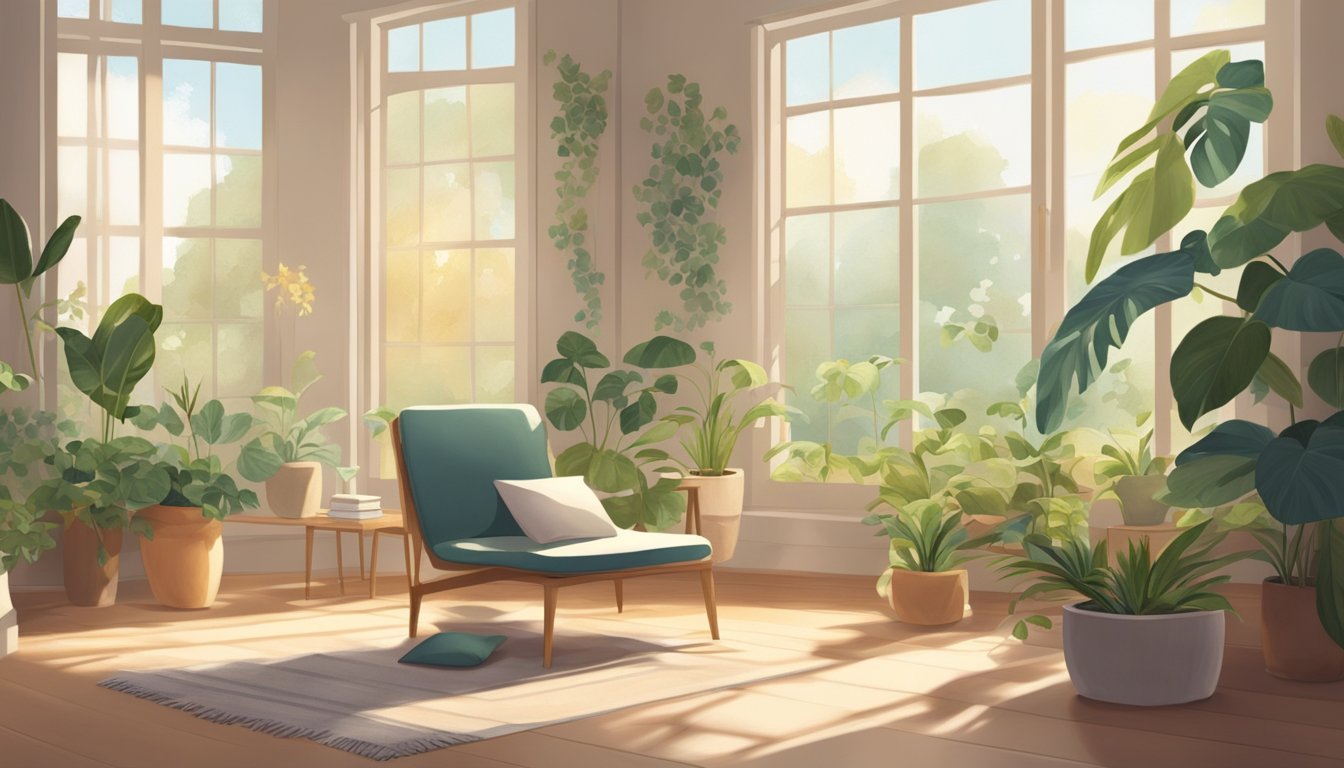 A serene, sunlit room with a comfortable cushion on the floor,
surrounded by plants and soft, calming colors. A gentle breeze flows
through an open window, carrying the sound of birds
chirping
