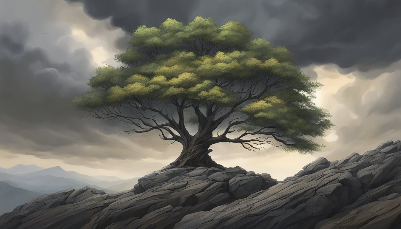 A lone tree stands tall amidst a rocky landscape, its branches
reaching out towards the sky. Dark storm clouds loom overhead, but the
tree remains resilient, symbolizing the ability to overcome challenges
and grow stronger from
setbacks