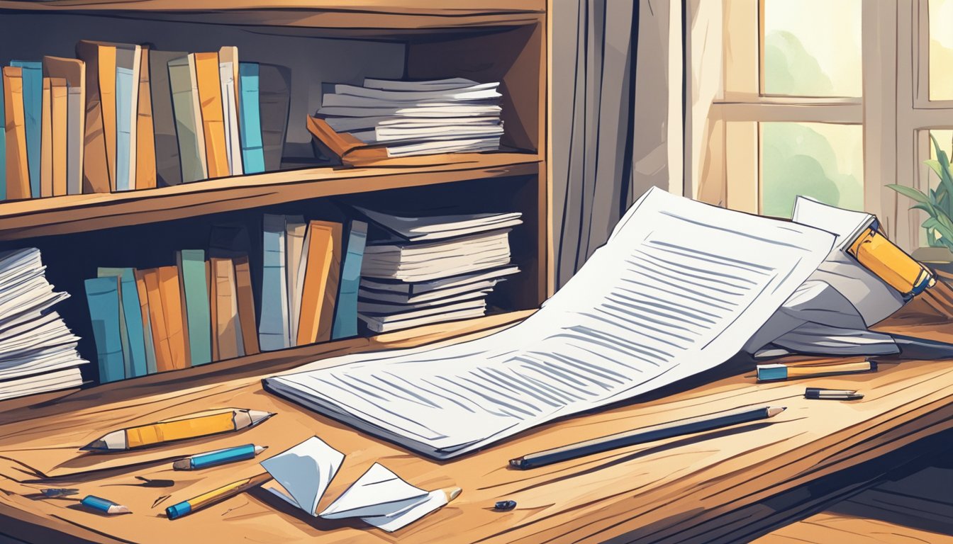 A broken pencil lies on a desk, next to a crumpled piece of paper. In
the background, a bookshelf filled with self-help and improvement
books