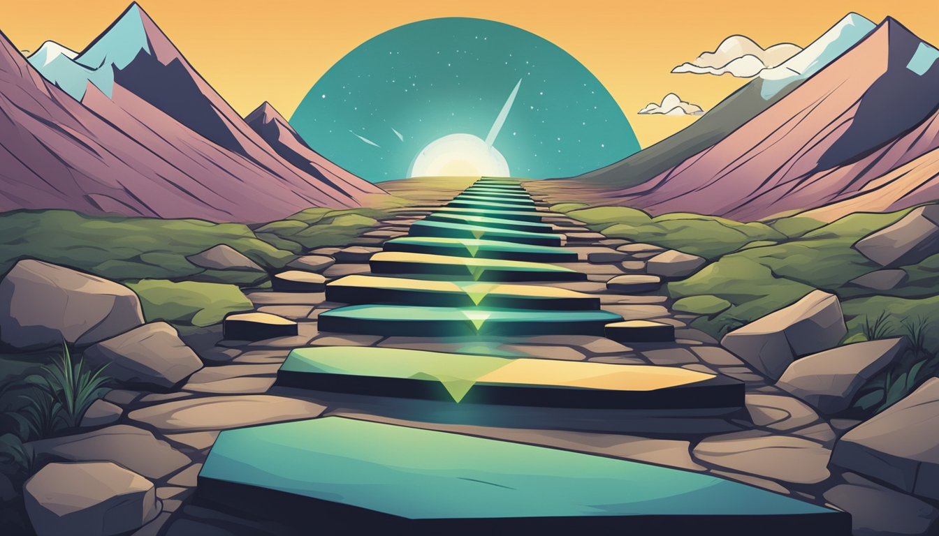 A path leads from a dark valley to a bright mountaintop, symbolizing
overcoming failure and reaching success. A series of stepping stones
represent the journey forward, with arrows pointing in the direction of
progress
