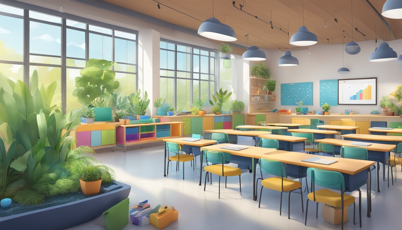 A classroom filled with colorful, tactile materials and interactive
technology, surrounded by natural elements like plants and water
features