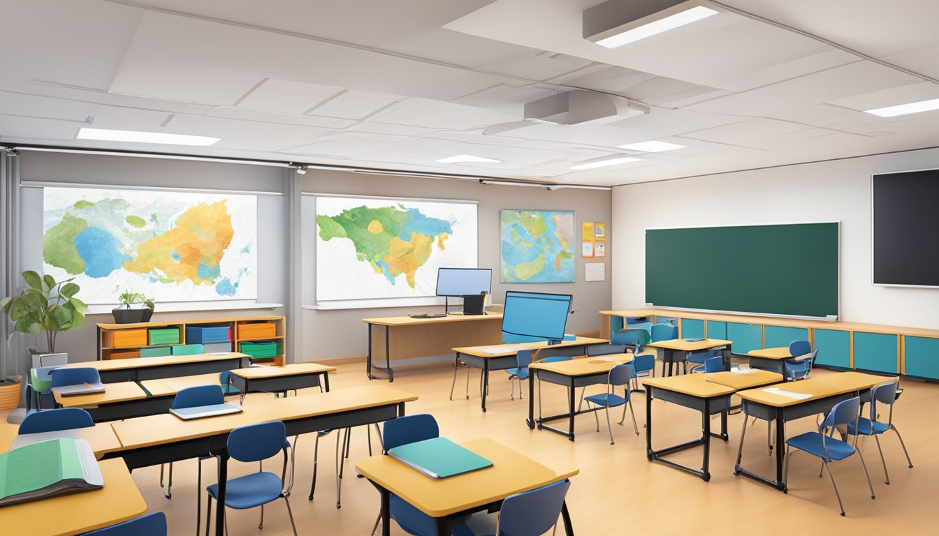 A classroom with diverse educational tools, including interactive
screens, tactile learning materials, and audio devices, creating a
dynamic and immersive learning
environment