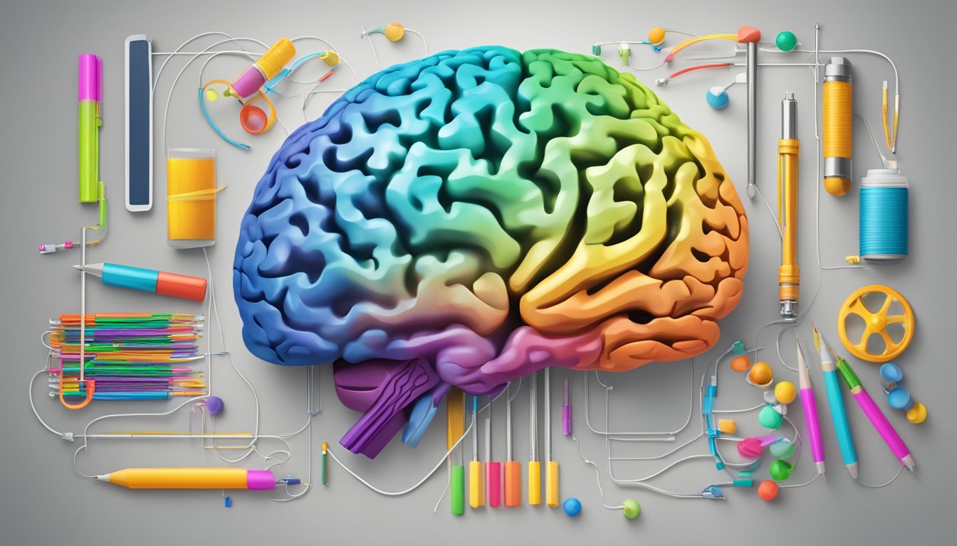 A colorful brain surrounded by educational tools and sensory stimuli,
with neural pathways connecting to learning
environments