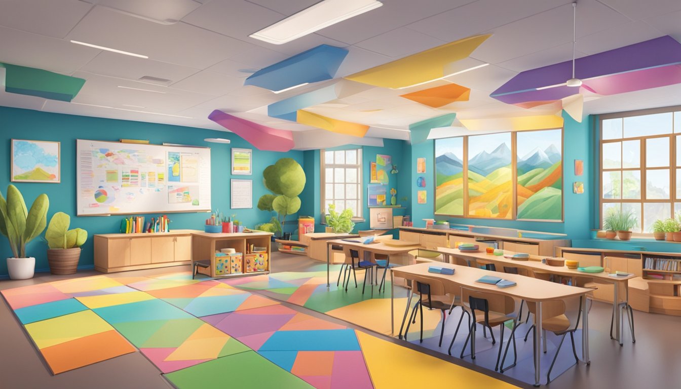 A classroom with colorful visuals, tactile materials, and aromatic
scents. Students engage in hands-on activities, listen to music, and
move around the
space