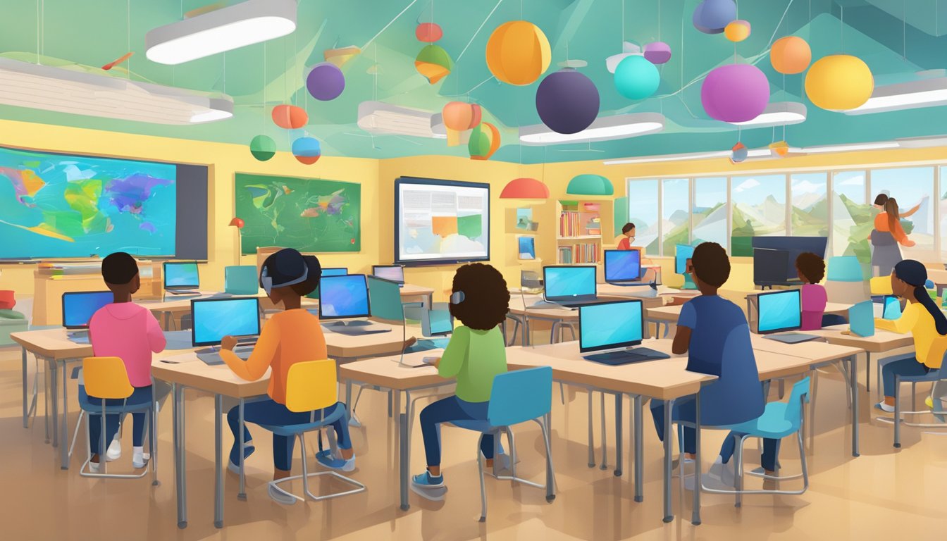 A classroom filled with colorful, interactive sensory tools and
technology. Students engage with virtual reality, tactile materials, and
audio-visual resources, creating a dynamic learning
environment