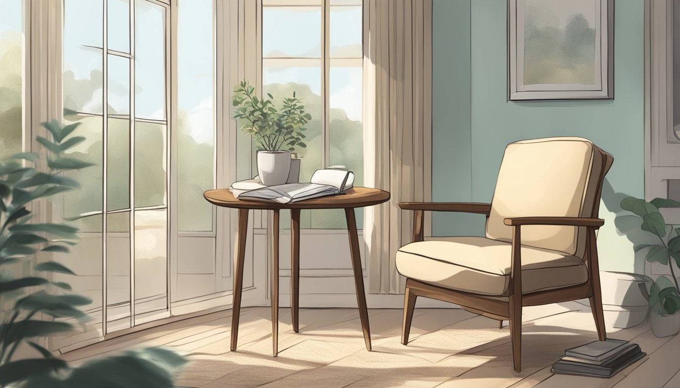 A serene room with soft natural light, a cozy chair, and a small table
with a journal and pen. The atmosphere is calm and peaceful, inviting
introspection and personal
growth