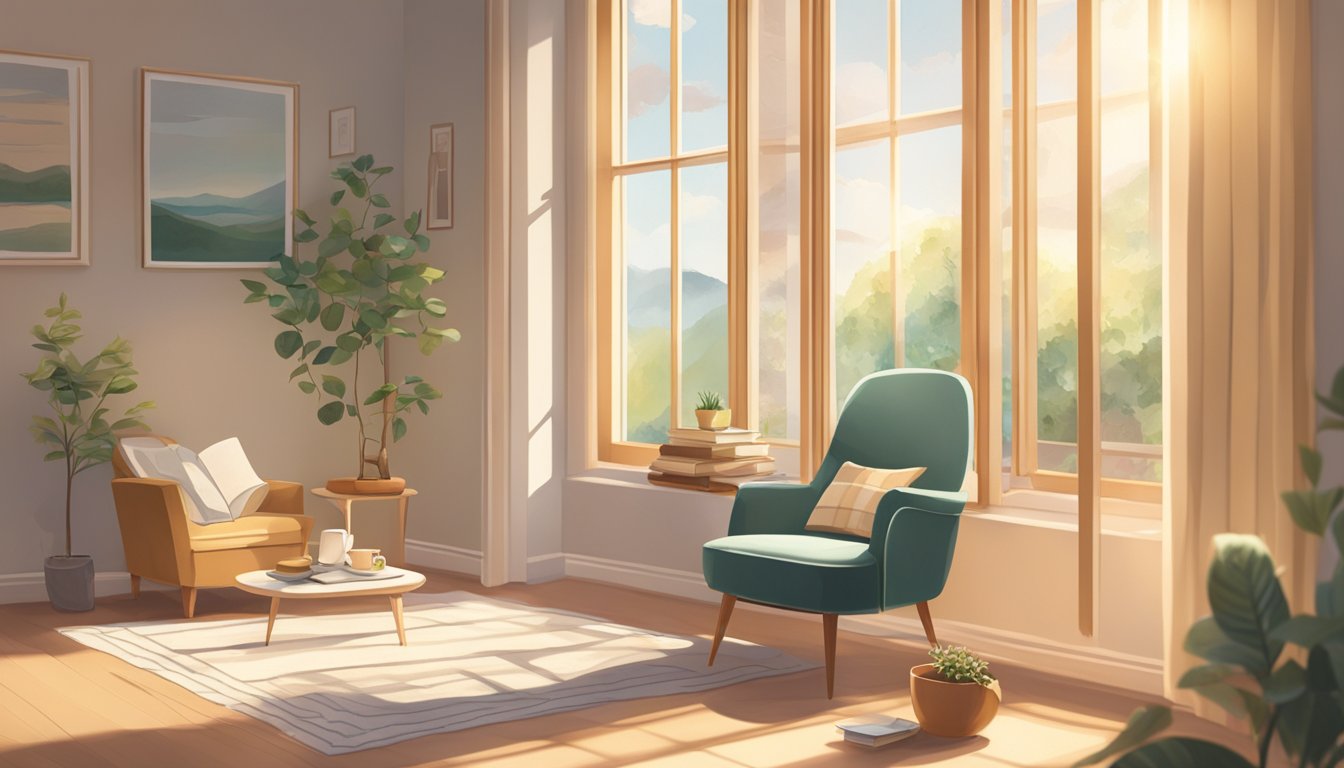 A serene, sunlit room with a cozy chair and a small table holding a
book and a cup of tea. Soft, natural light filters in through the
window, creating a peaceful atmosphere for quiet reflection and personal
growth