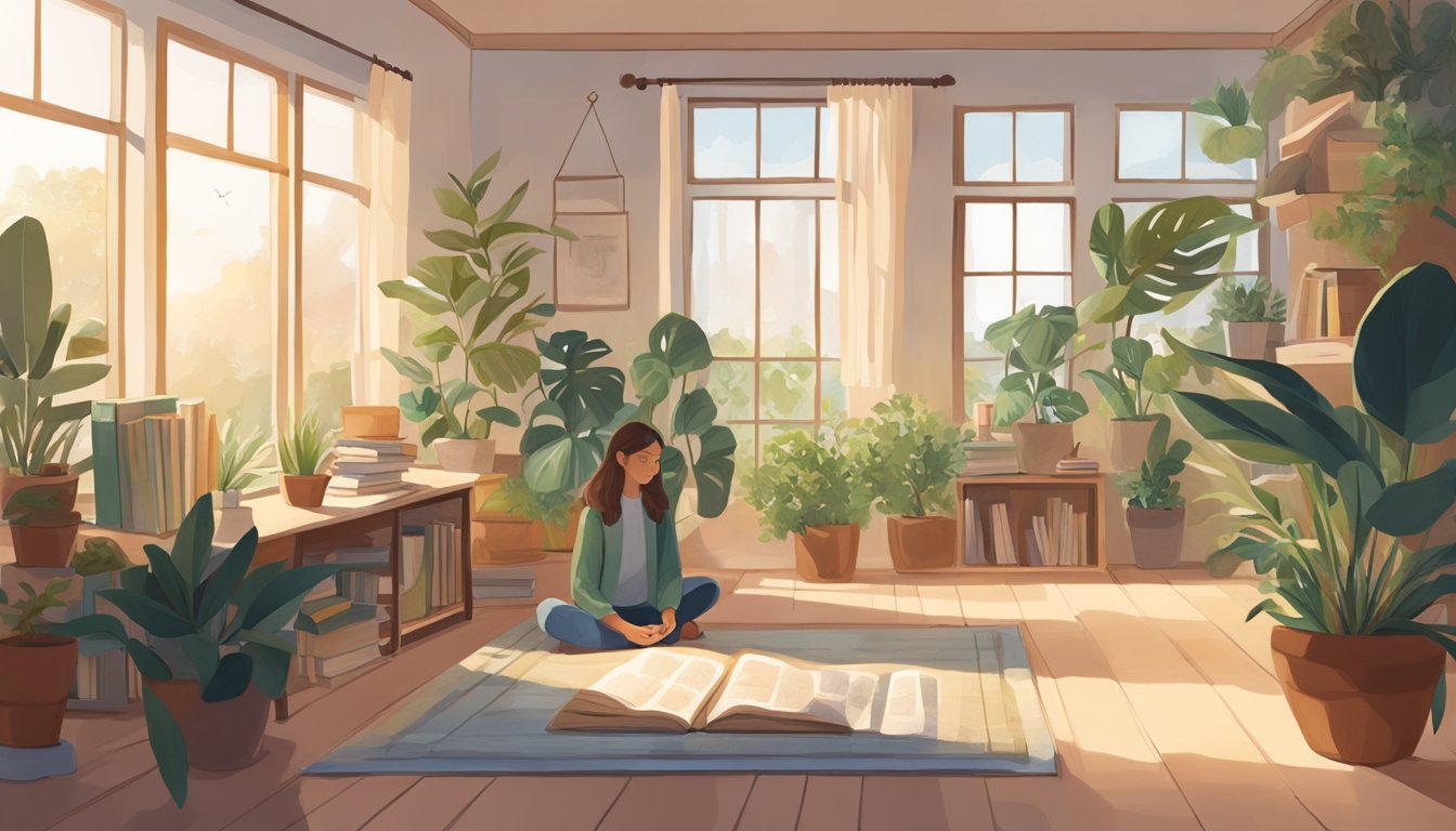 A serene, sunlit room with plants and calming decor. A person sits in
quiet contemplation, surrounded by books and
journals