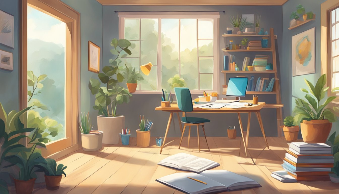 A peaceful room with natural light, scattered art supplies, and open
notebooks. A serene atmosphere encourages deep thinking and creative
problem
solving