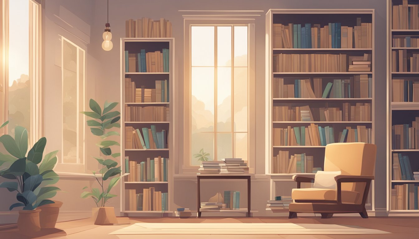 A serene room with soft lighting, a comfortable chair, and a bookshelf
filled with books. A peaceful atmosphere with minimal distractions for
quiet time
learning