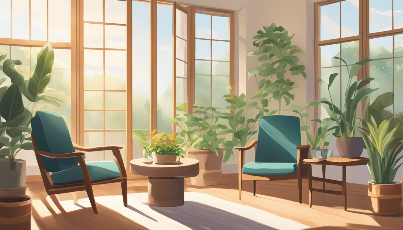 A serene, sunlit room with open windows and plants. Two chairs face
each other, creating a sense of intimacy and connection. A book sits
open on a table, symbolizing the opportunity for personal growth through
quiet
reflection
