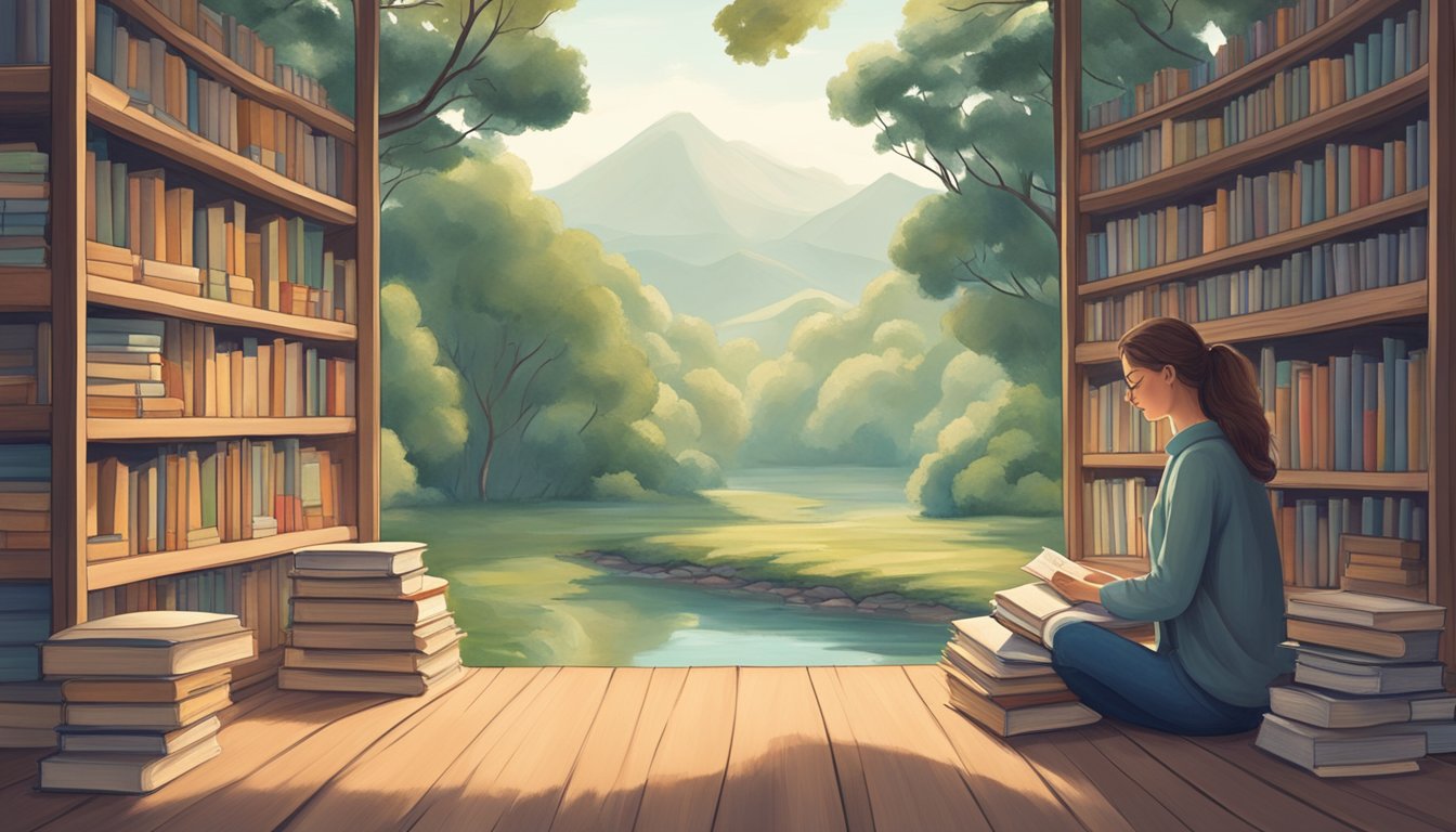 A serene, solitary figure sits in a peaceful, natural setting,
surrounded by books and a journal. The atmosphere is calm and
contemplative, with a sense of personal growth and
introspection