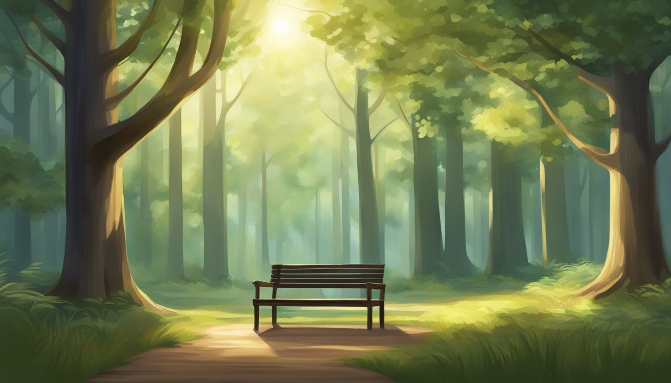 A serene forest clearing, dappled sunlight filtering through the
trees. A solitary bench sits in the center, inviting peaceful reflection
and personal
growth