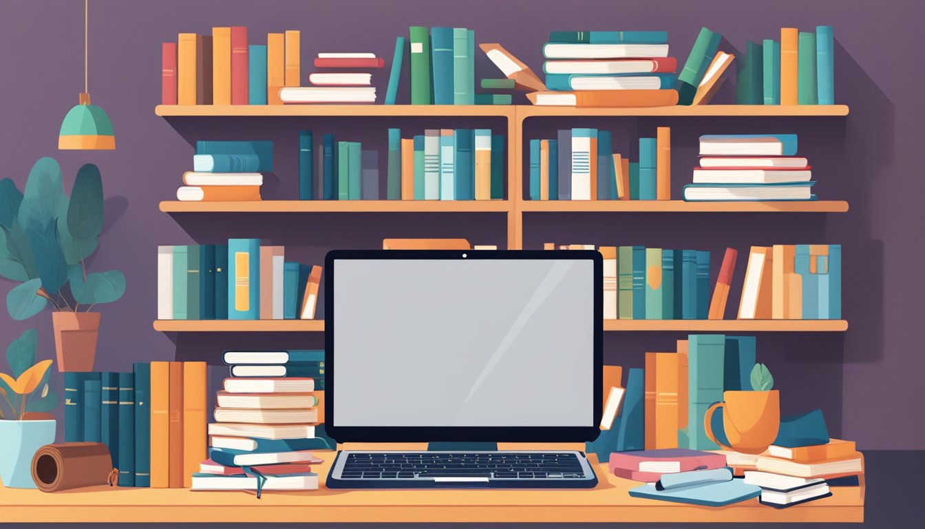 A diverse collection of books, online courses, and educational apps
scattered around a cozy, well-lit room. A laptop displaying a free
lecture series sits on a desk next to a stack of affordable
textbooks