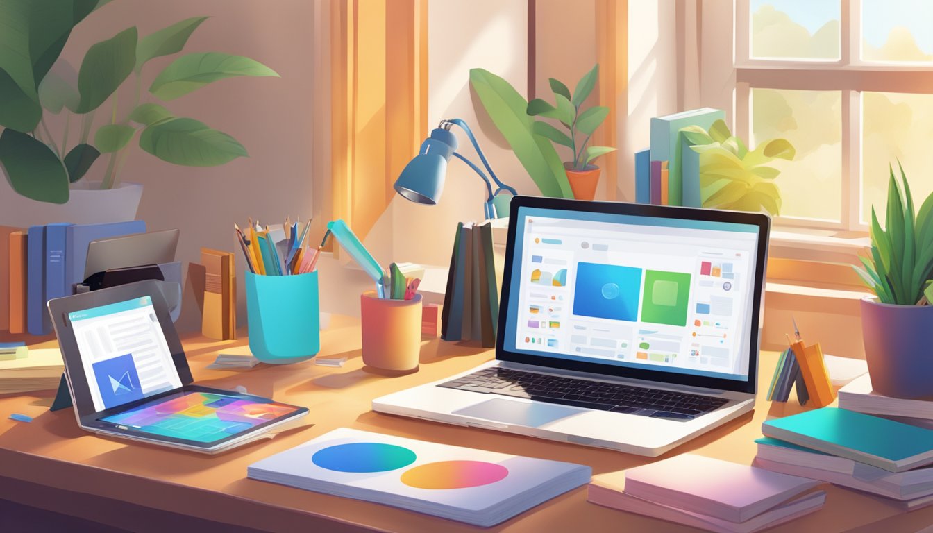 A diverse array of digital devices, open books, and colorful
educational materials scattered across a cozy, sunlit room, with a
laptop displaying various free educational
platforms