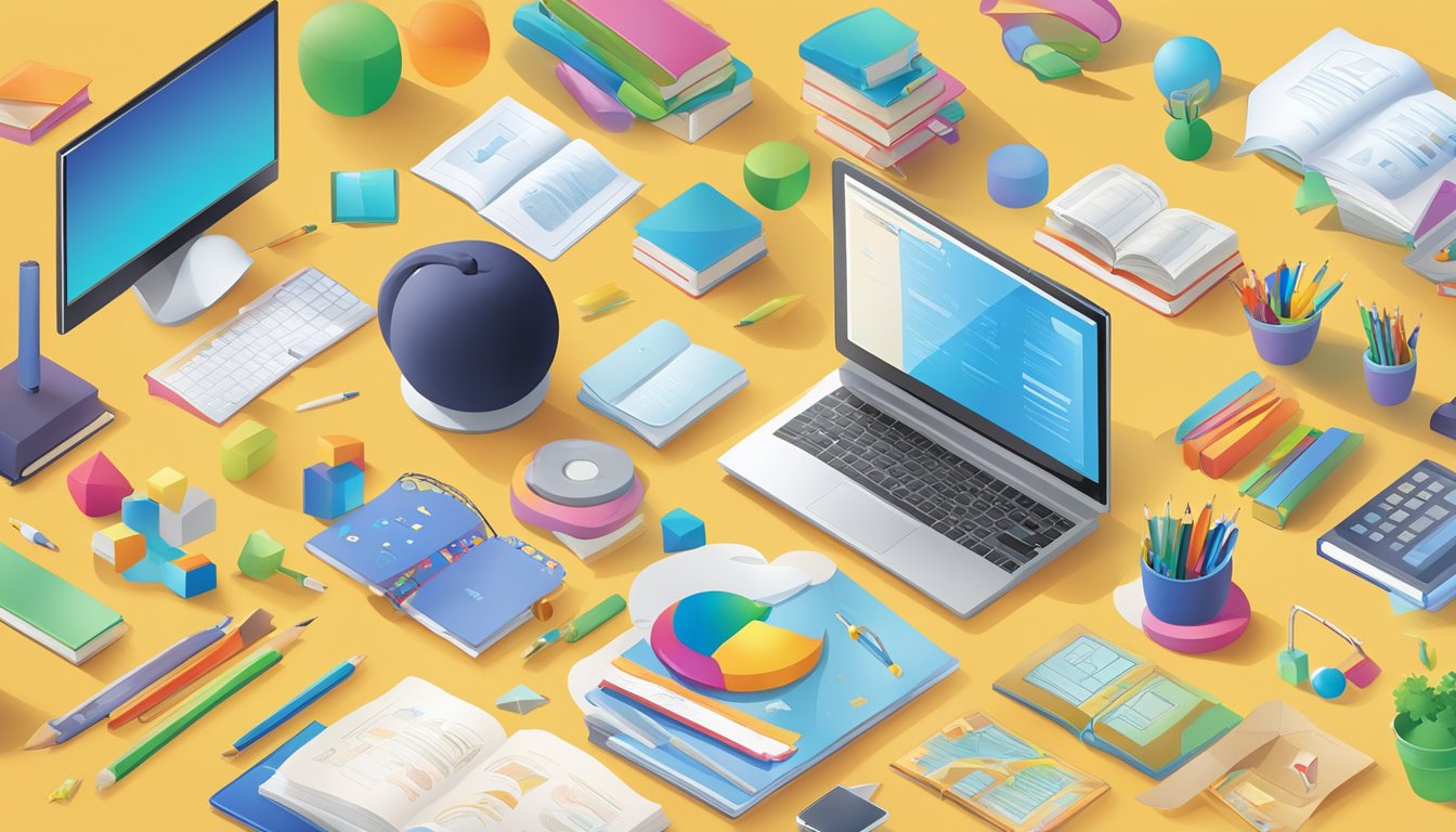 A diverse array of digital and physical educational tools surround a
central focus on learning, including interactive software, books, and
hands-on
activities