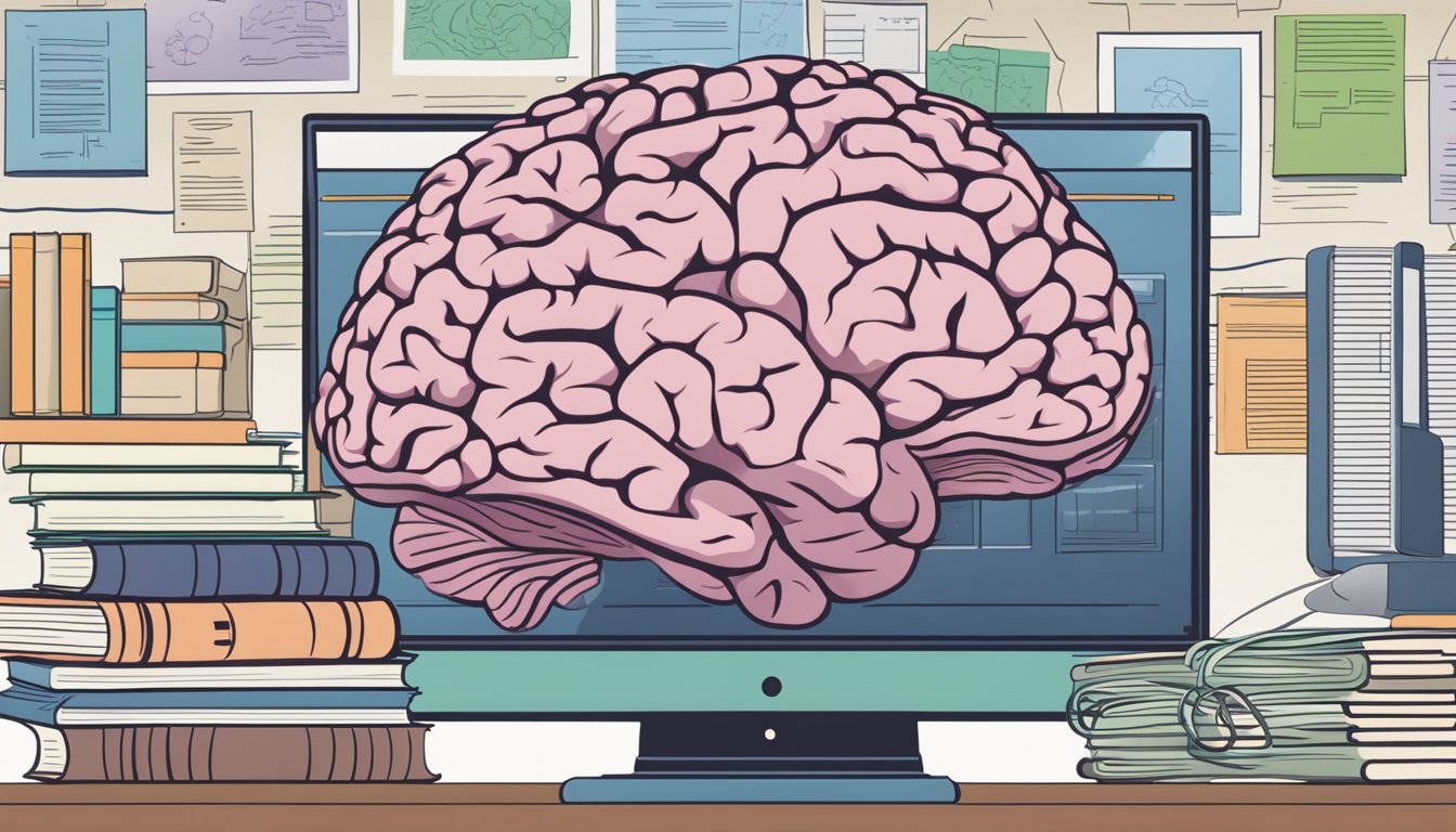 A brain-shaped diagram surrounded by psychology textbooks and a
computer displaying online
resources