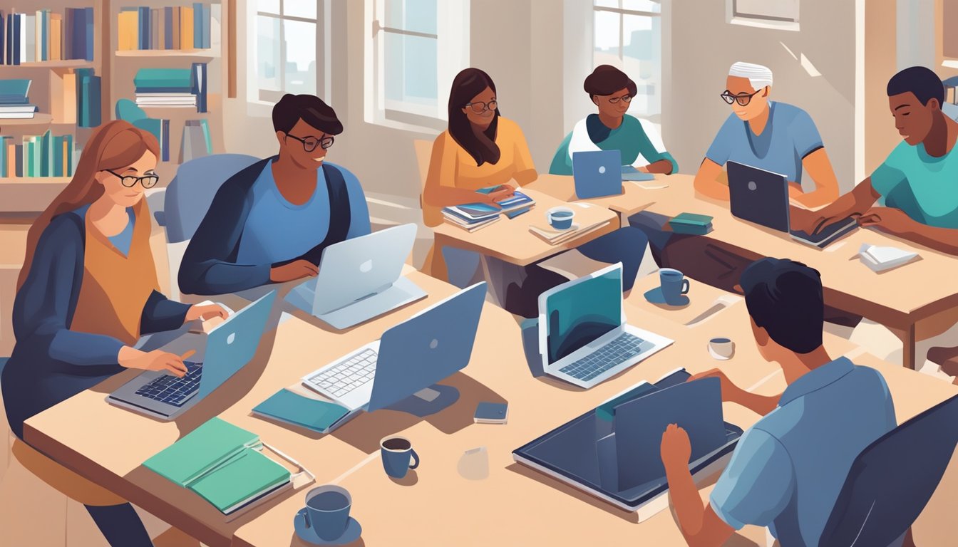 A group of diverse individuals engage in online learning, surrounded
by open textbooks and digital devices, symbolizing the social dimensions
of psychology
education