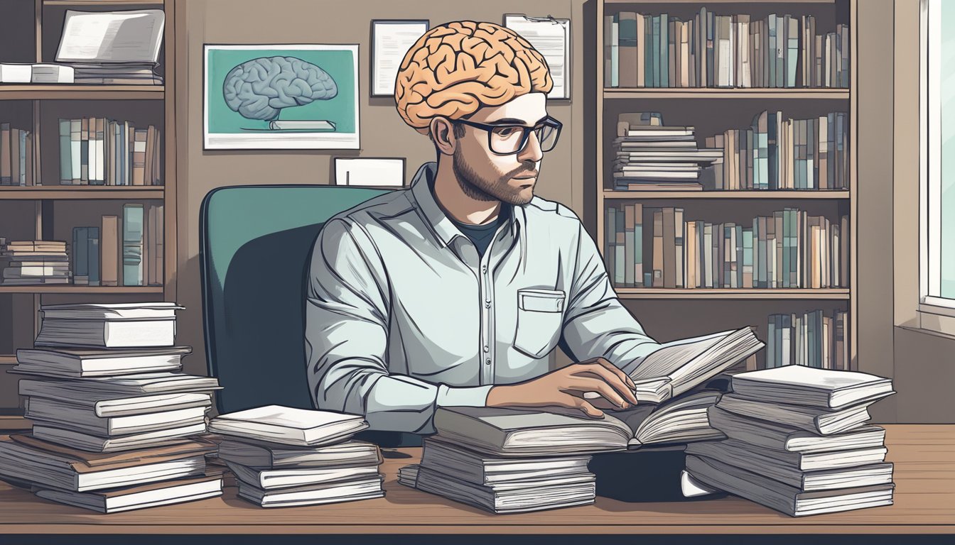 A person sitting at a desk, surrounded by open books and a laptop,
with a thoughtful expression on their face. Posters and diagrams of the
brain and mental health concepts adorn the
walls