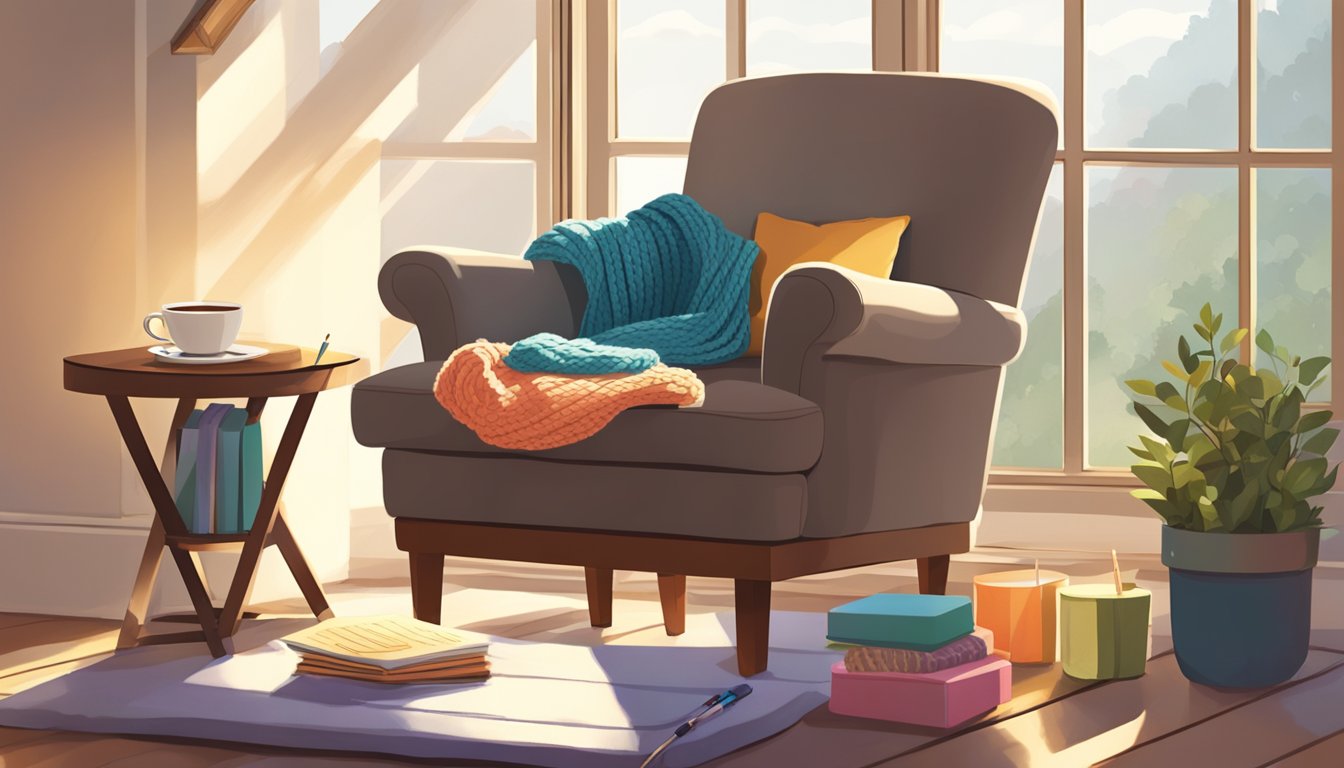 A cozy armchair with a basket of colorful yarn, knitting needles, and
a beginner’s guide book on a side table. A warm cup of tea sits nearby
as the sunlight streams in through the window, creating a peaceful and
inviting
atmosphere