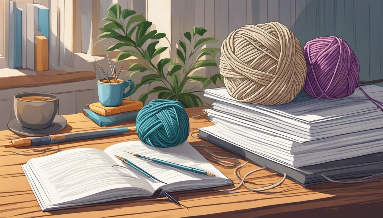 A ball of yarn unravels, needles poised. A pattern book lies open,
ready to guide. The cozy atmosphere invites
creativity