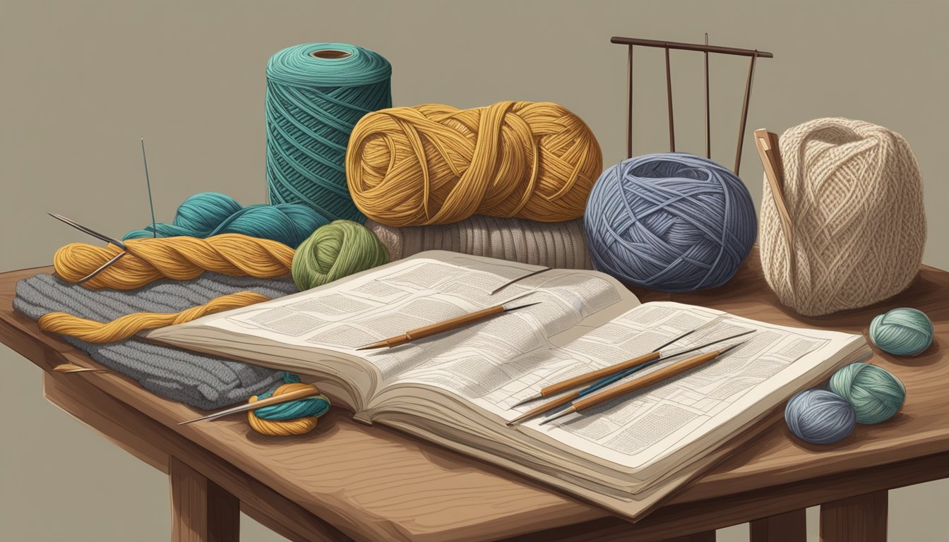 A table with various knitting tools and materials, including yarn,
needles, and a pattern book. A finished knitted garment is displayed
nearby