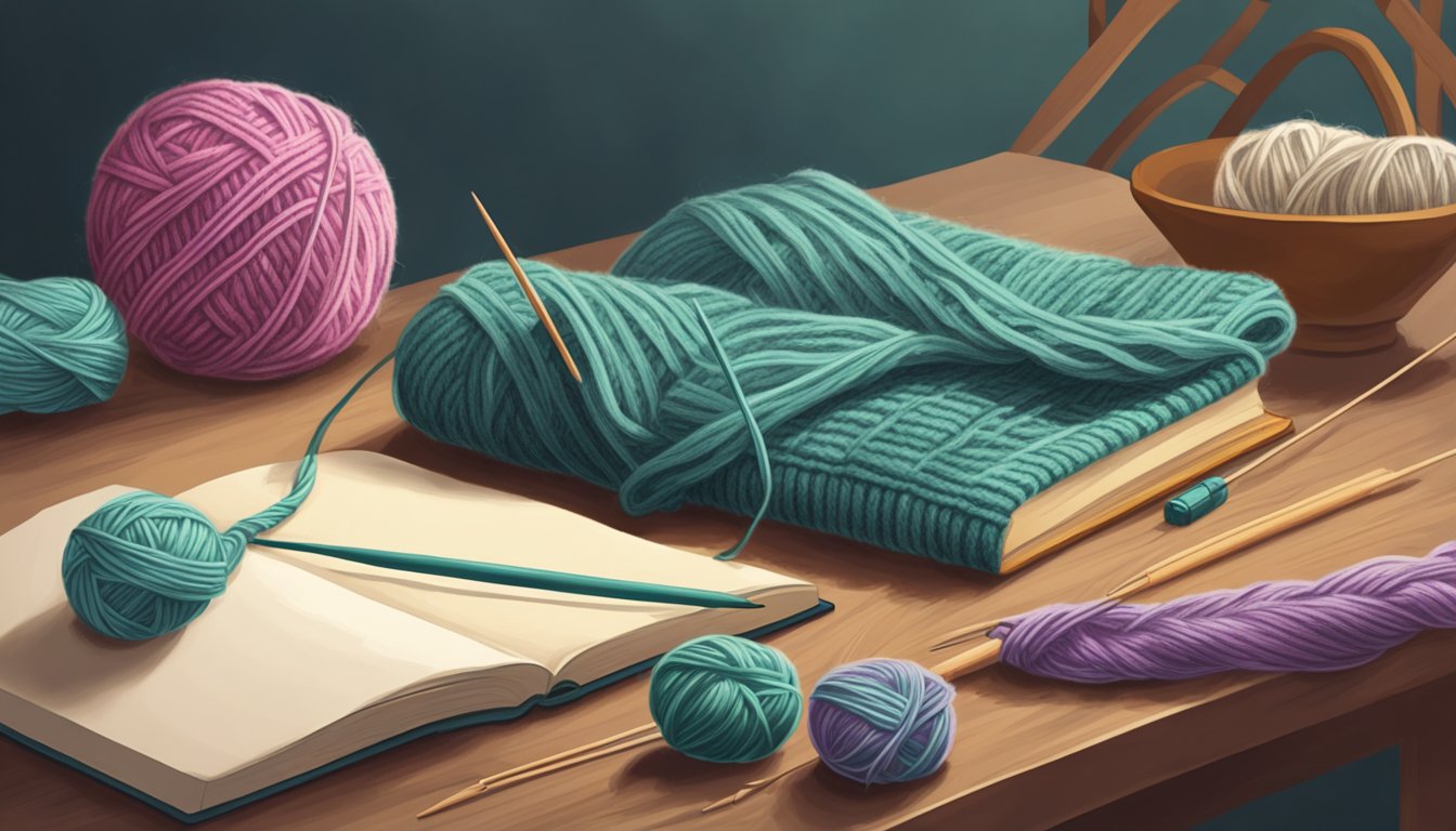 A ball of yarn unravels next to a pair of knitting needles, with a
half-finished scarf in the background. A book titled “Learning to Knit”
sits open on the
table