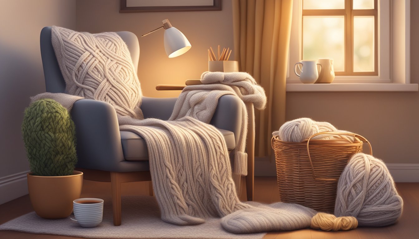 A cozy armchair with a knitting basket, yarn, needles, and a finished
garment. A warm, inviting atmosphere with soft lighting and a cup of tea
nearby