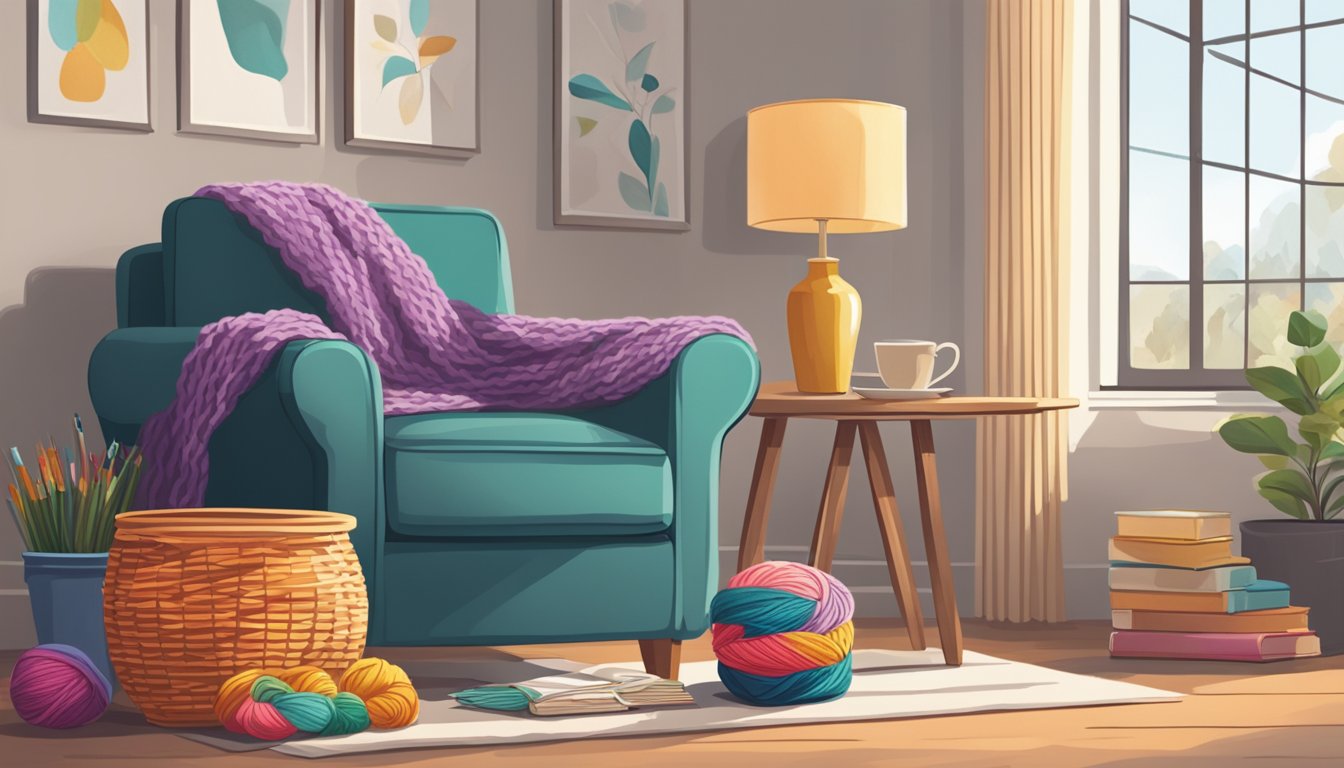 A cozy living room with a comfy armchair, a basket of colorful yarn,
and knitting needles. A beginner’s knitting book is open on a side
table