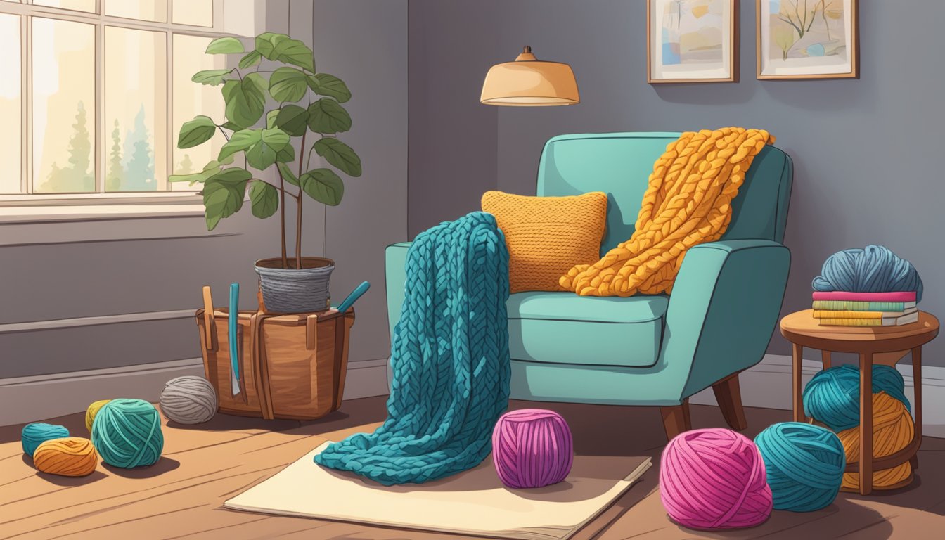 A cozy living room with a comfortable armchair, a basket of colorful
yarn, and a pair of knitting needles on a side table. A book titled
“Advanced Knitting Projects” is open on the
table