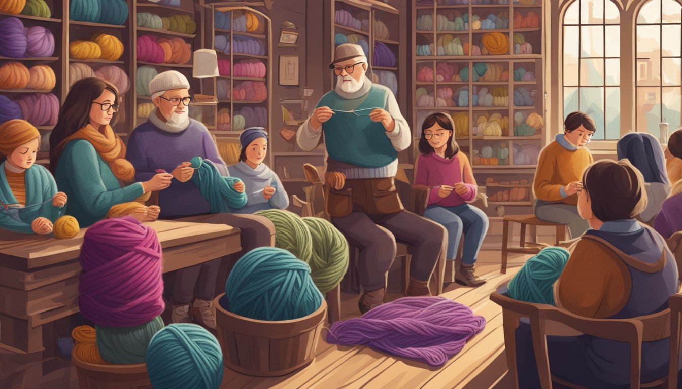 A group of people gather in a cozy yarn shop, eagerly learning to
knit. Needles click and yarn flows as they start creating their own
garments