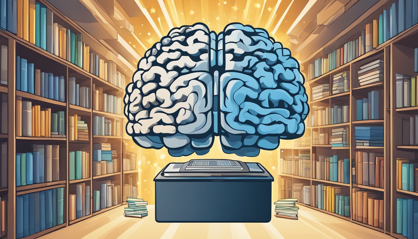 A brain surrounded by books, puzzles, and a computer, with beams of
light symbolizing learning and
growth