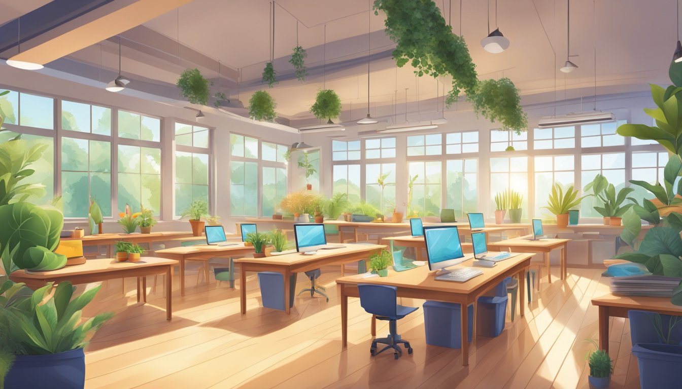A bright, organized classroom with diverse learning materials and
interactive technology, surrounded by natural light and plants for a
stimulating, comfortable
atmosphere