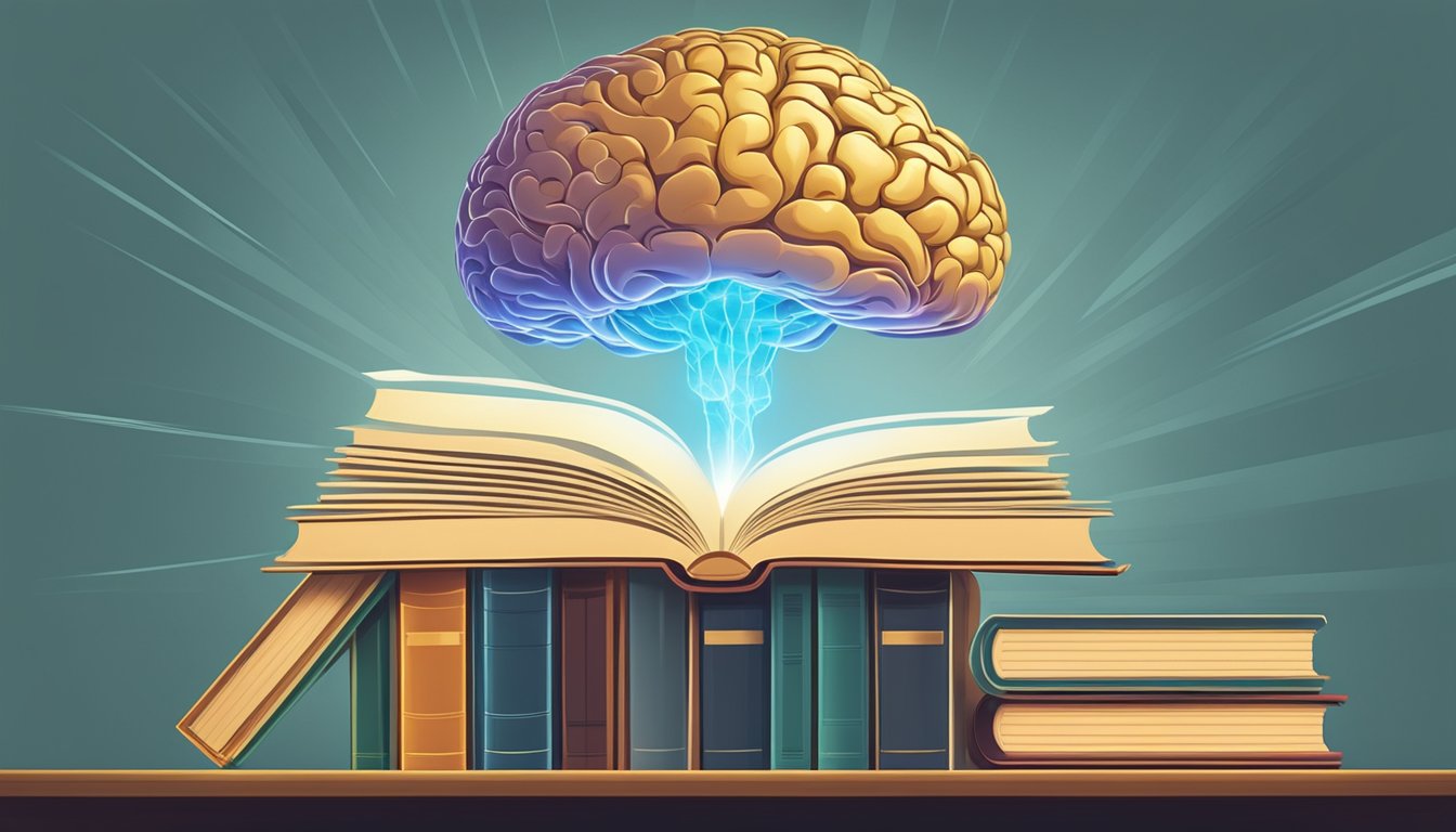 A stack of books surrounded by a glowing brain, with beams of light
emanating from it, symbolizing the process of learning and enhancing
cognitive
abilities