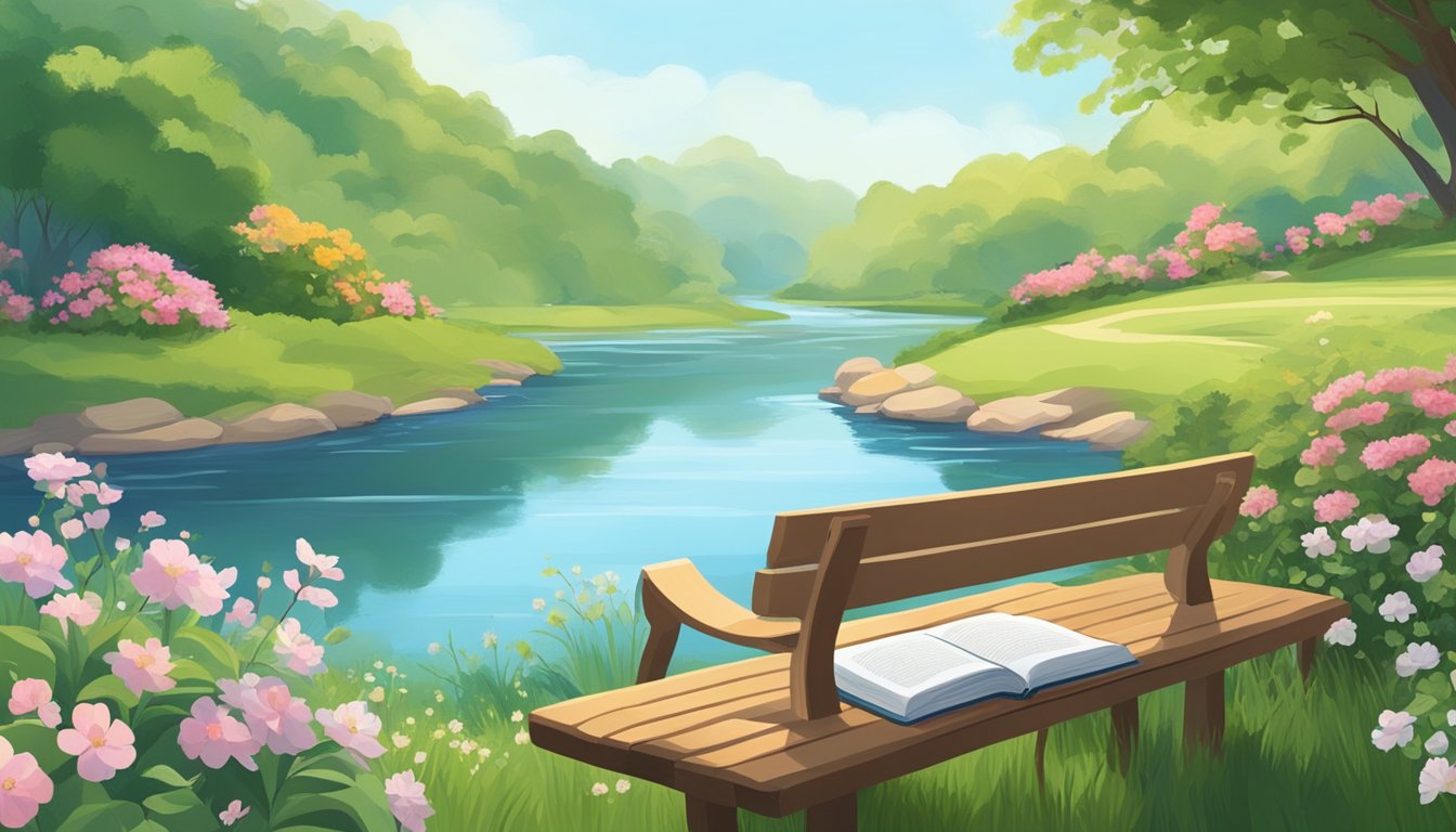 A serene landscape with a winding river, lush greenery, and a clear
blue sky. A book sits open on a wooden bench, surrounded by blooming
flowers